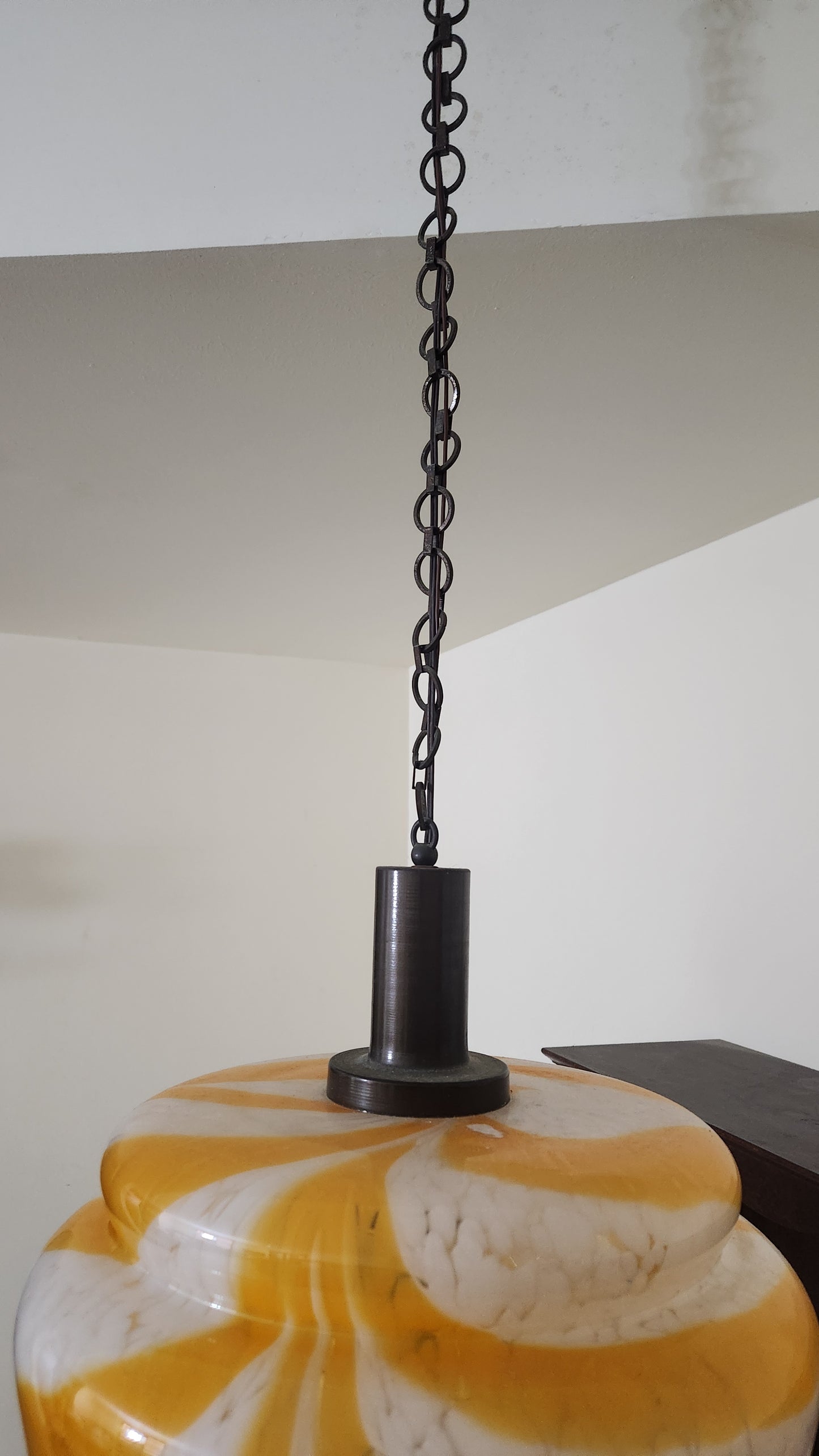 70s Italian Murano Glass Pendant Lamp - Model 4071/3 - Orange Swirl Latticino - 3-Light Fixture