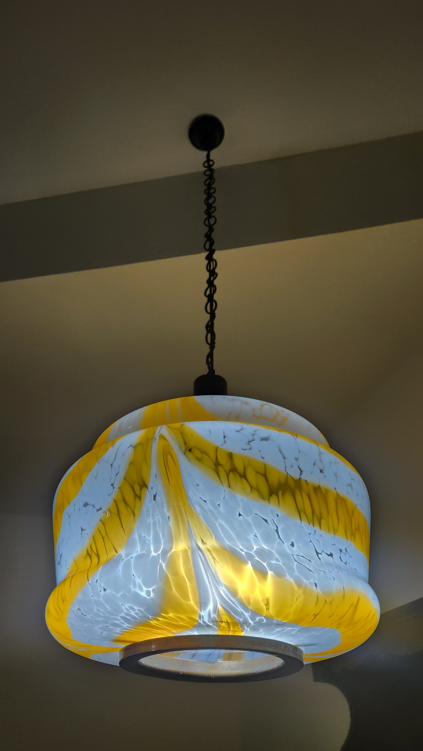 70s Italian Murano Glass Pendant Lamp - Model 4071/3 - Orange Swirl Latticino - 3-Light Fixture