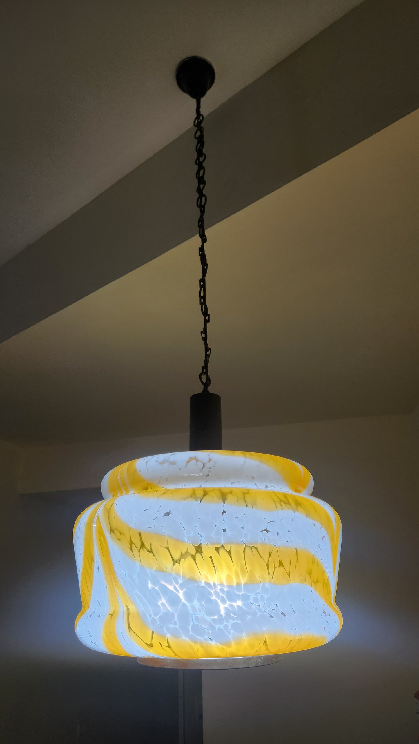 70s Italian Murano Glass Pendant Lamp - Model 4071/3 - Orange Swirl Latticino - 3-Light Fixture