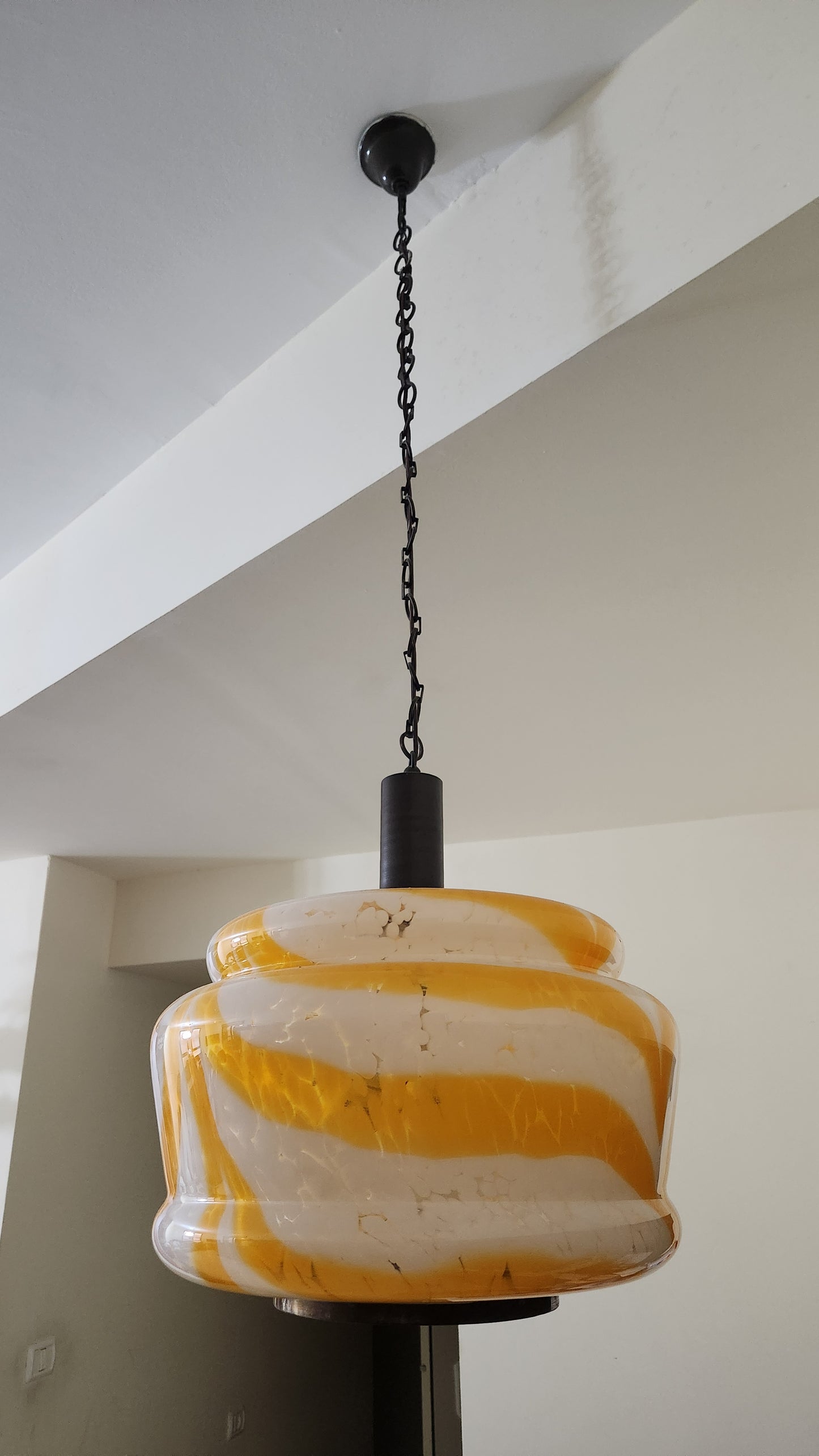 70s Italian Murano Glass Pendant Lamp - Model 4071/3 - Orange Swirl Latticino - 3-Light Fixture