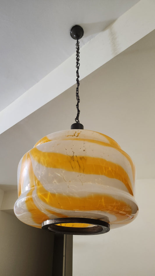 70s Italian Murano Glass Pendant Lamp - Model 4071/3 - Orange Swirl Latticino - 3-Light Fixture