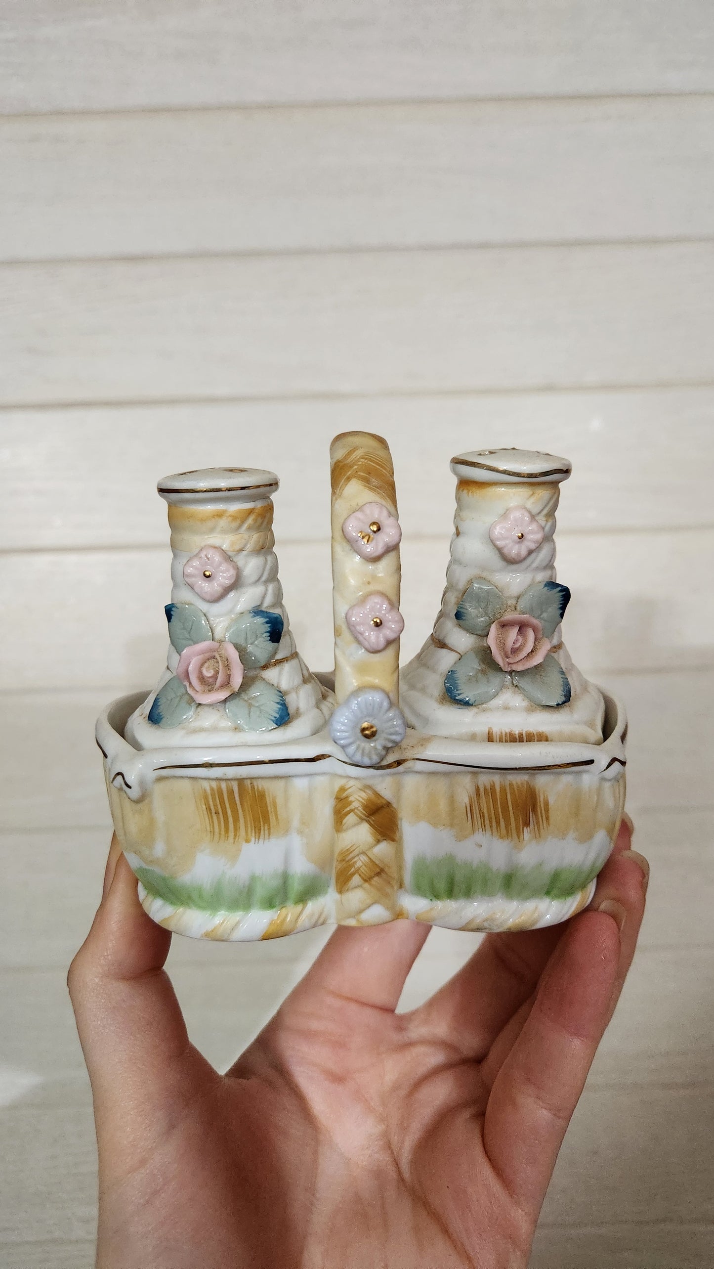 Japan Porcelain Rose Basket Salt & Pepper Shakers Set