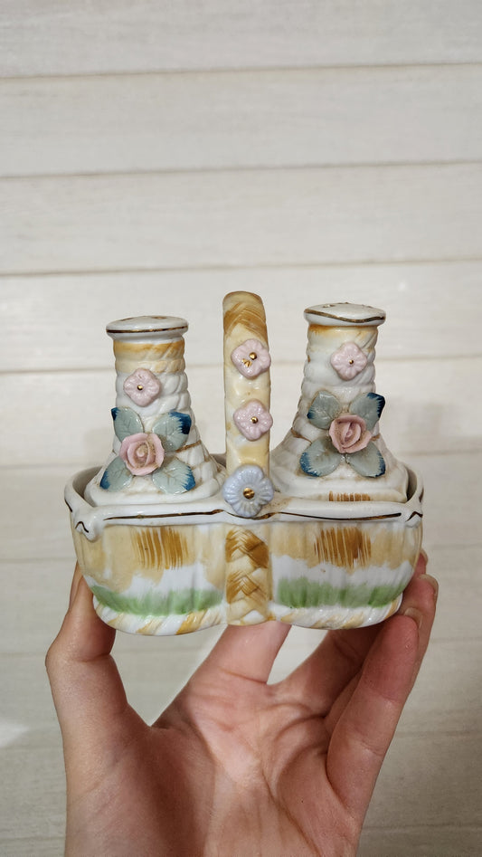 Japan Porcelain Rose Basket Salt & Pepper Shakers Set