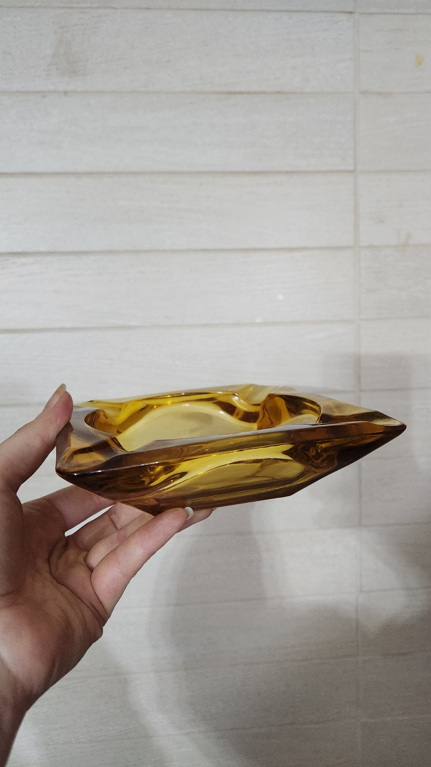Vintage Mid-Century Amber Glass Ashtray - Square Heavy Glass