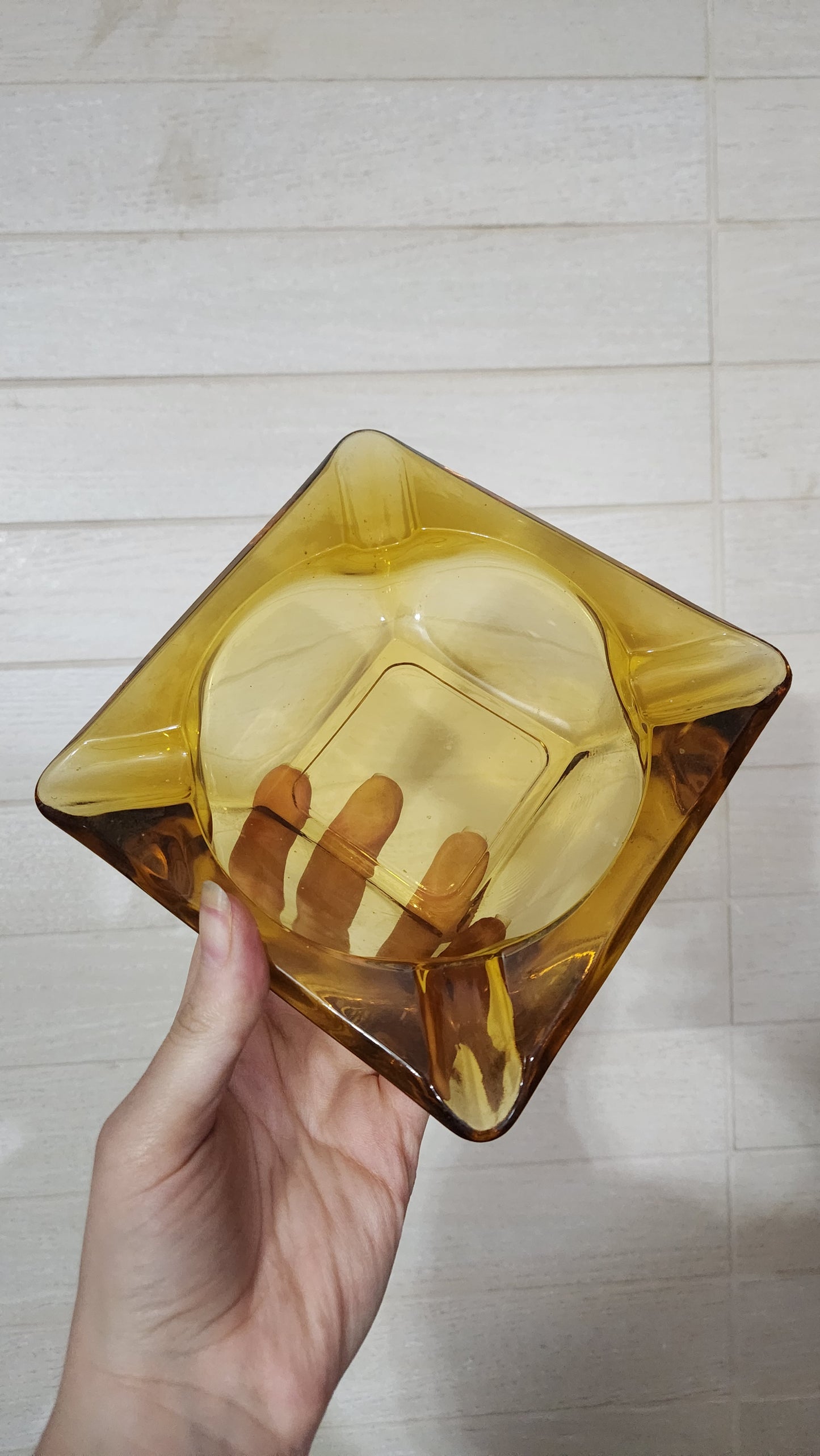 Vintage Mid-Century Amber Glass Ashtray - Square Heavy Glass