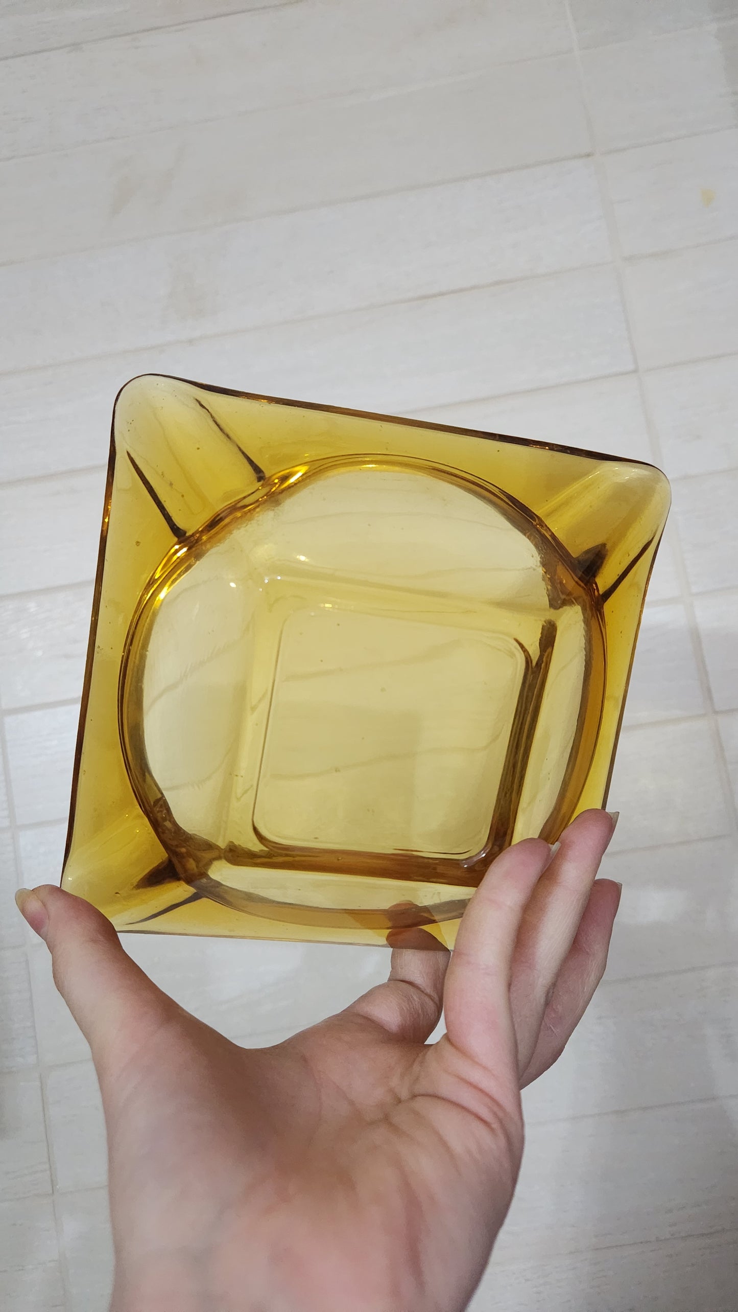 Vintage Mid-Century Amber Glass Ashtray - Square Heavy Glass