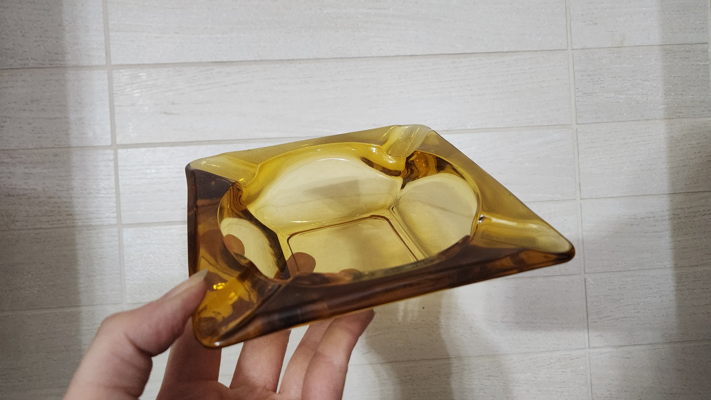 Vintage Mid-Century Amber Glass Ashtray - Square Heavy Glass