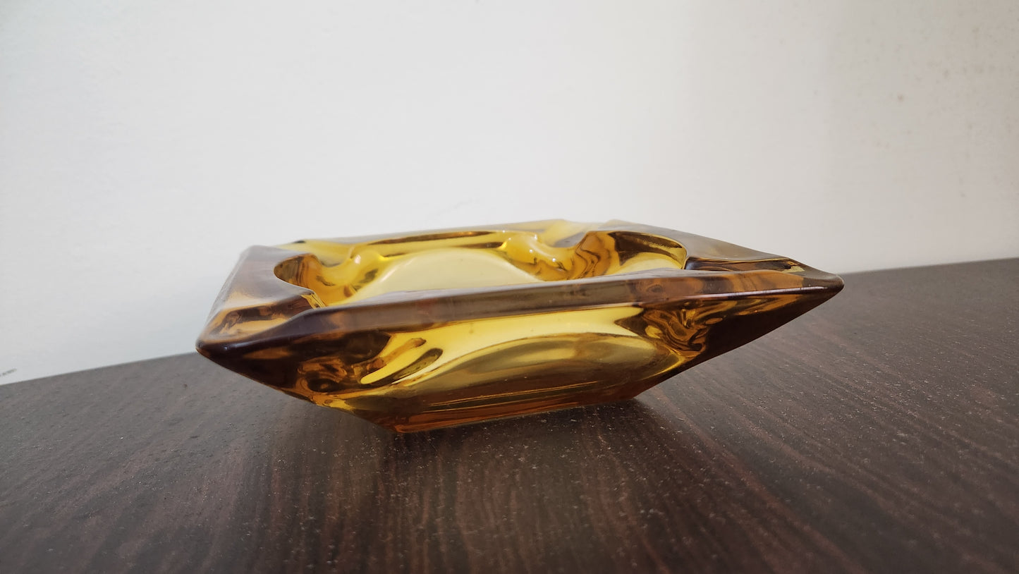 Vintage Mid-Century Amber Glass Ashtray - Square Heavy Glass
