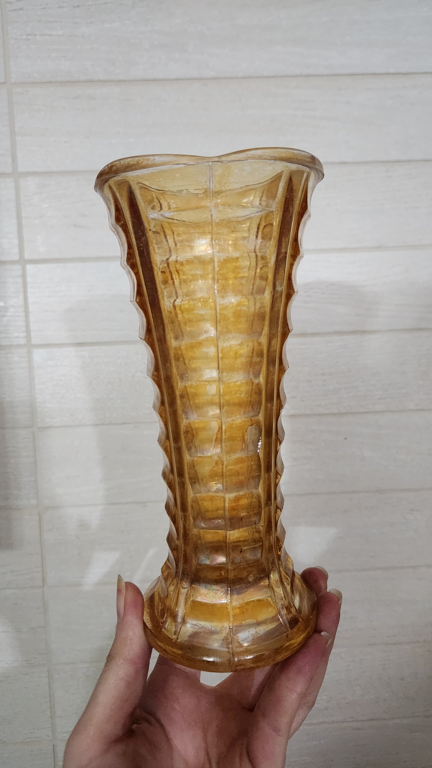 Vintage Marigold Carnival Glass Vase - Iridescent Paneled Pattern