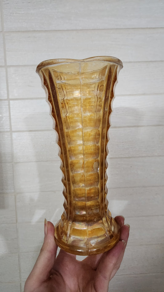 Vintage Marigold Carnival Glass Vase - Iridescent Paneled Pattern