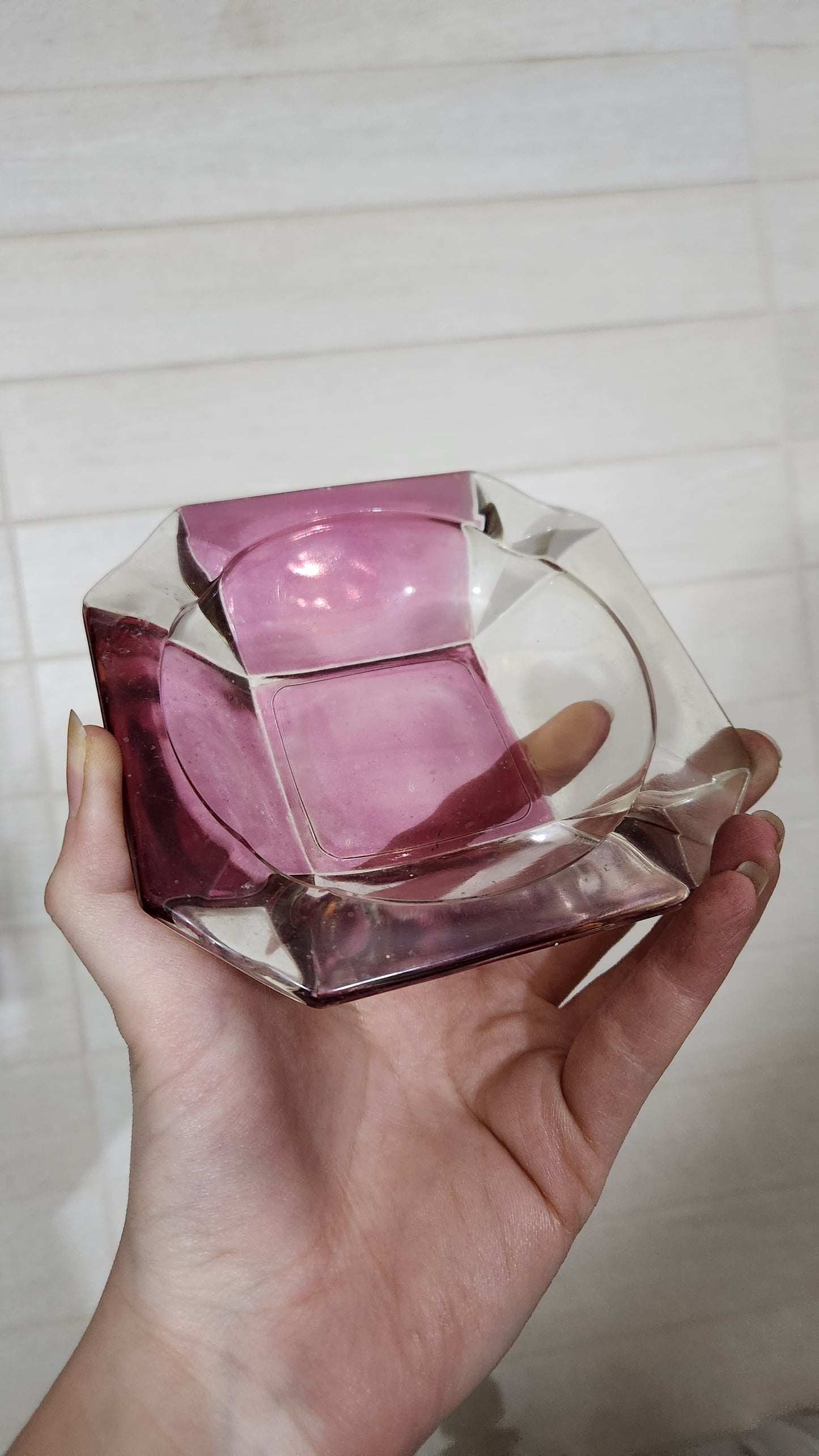 Mid-Century Geometric Amethyst Pink Glass Ashtray/Trinket Dish