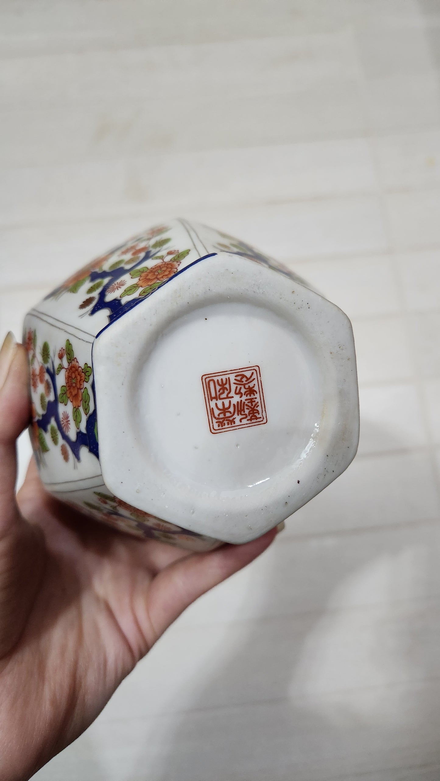 Japanese Kutani Style Hexagonal Ginger Jar with Lid