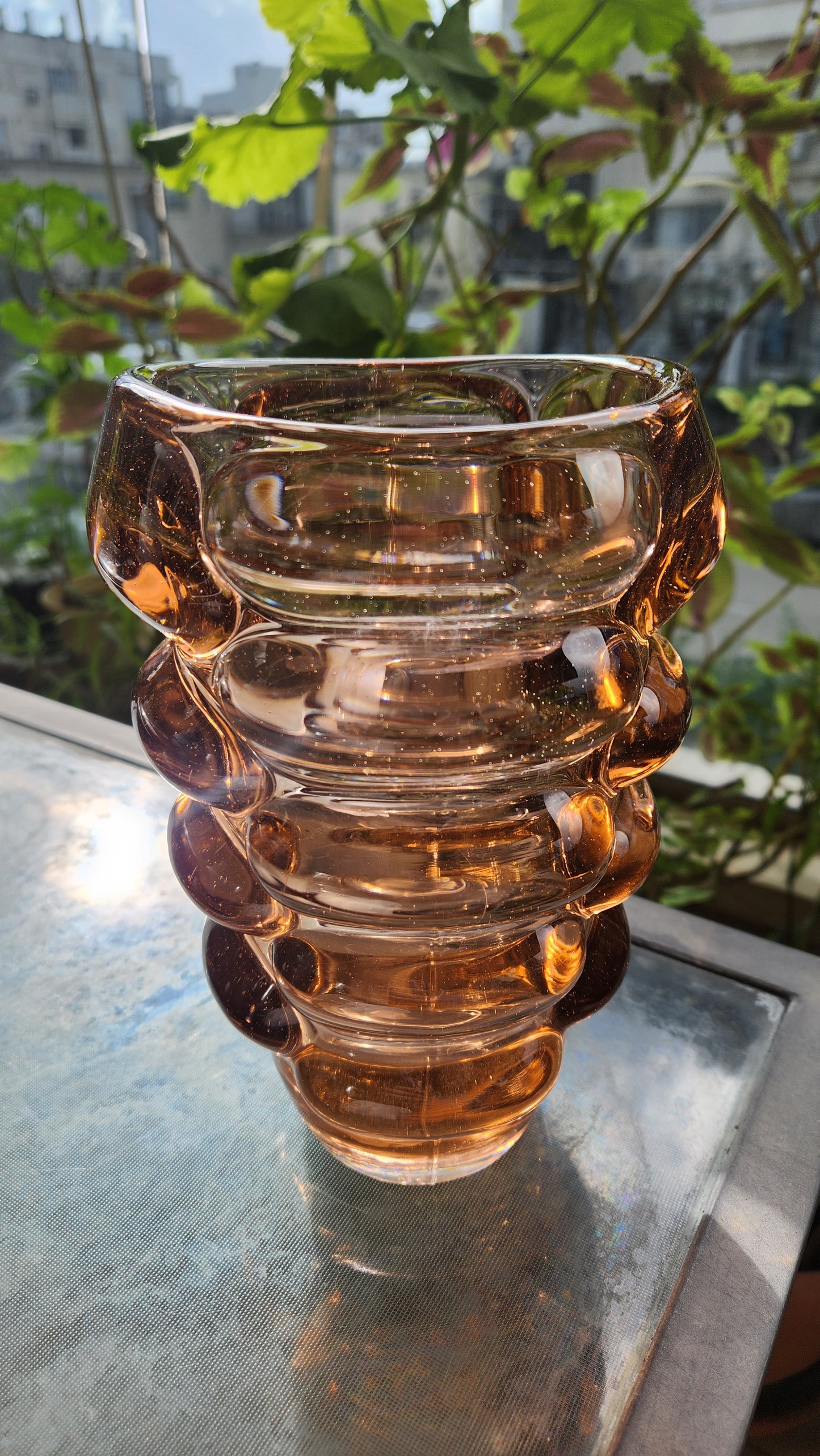 60s Modern "Bubble" Vase - Vladislav Urban for Sklo Union, Czechoslovakia, Pattern 20048, Amber Glass