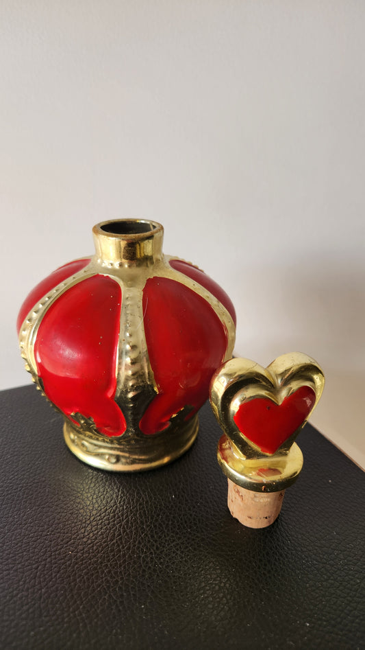 Vintage Crown Decanter with Heart Stopper – Red & Gold Ceramic Bottle