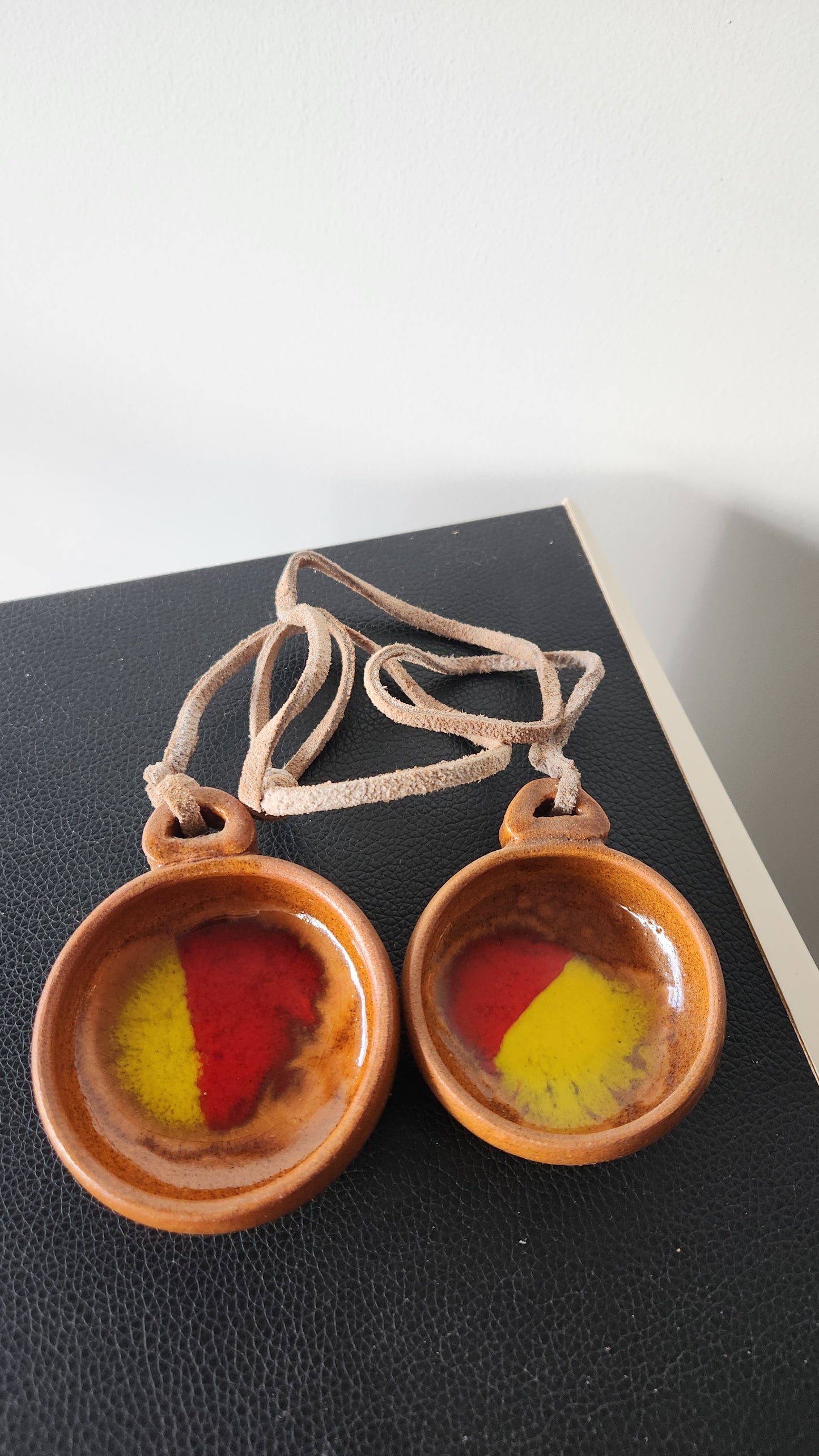 Israeli Ceramic Hanging Salt & Pepper Cellars with Suede Straps