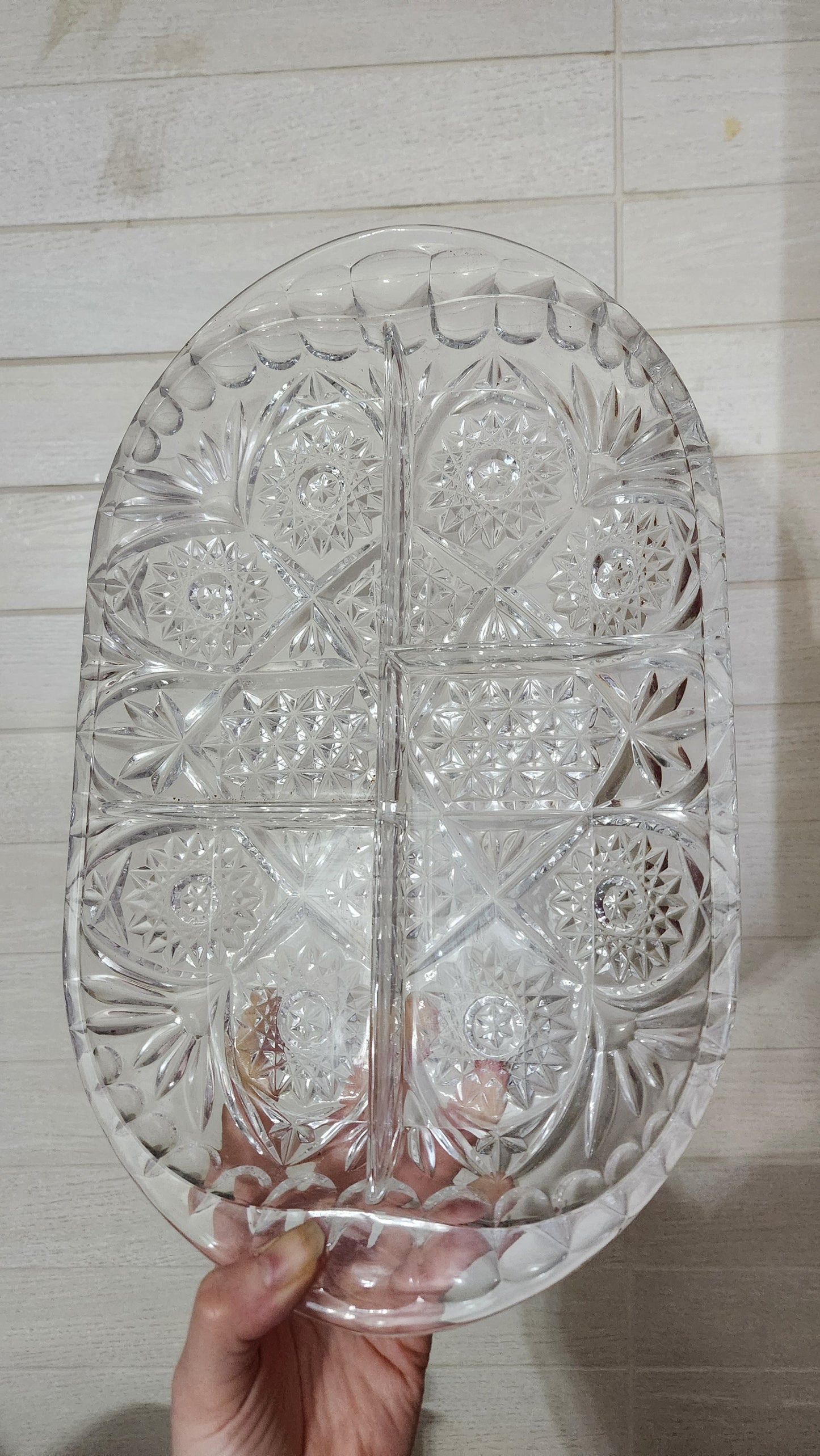 Vintage Clear Cut Crystal Style Divided Dish - Starburst & Daisy Pattern