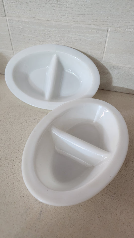 2 Vintage JAJ Pyrex White Opal Glass Divided Serving Dish