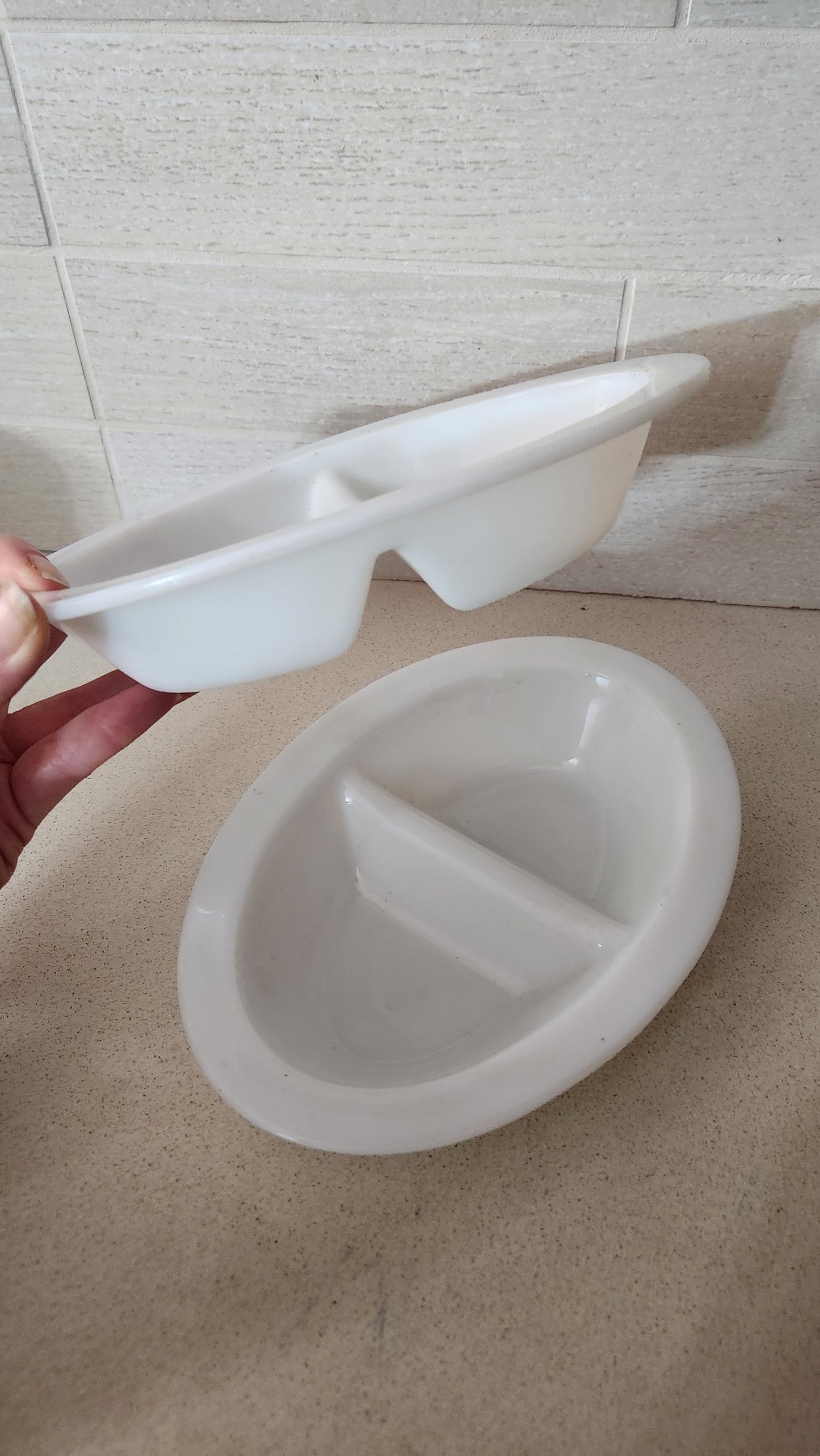 2 Vintage JAJ Pyrex White Opal Glass Divided Serving Dish