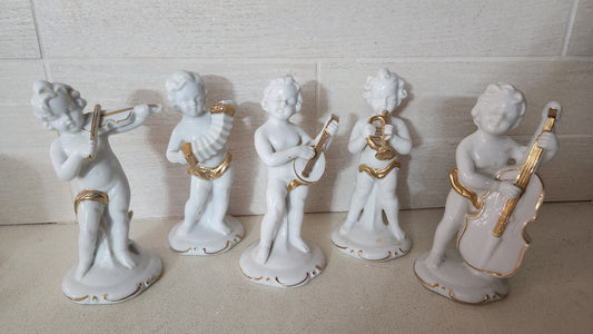 Set of 5 Vintage Fine Porcelain Musical Cherubs/Putti Figurines with Gold Gilt Detail – 14cm