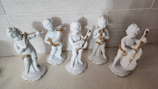 Set of 5 Vintage Fine Porcelain Musical Cherubs/Putti Figurines with Gold Gilt Detail – 14cm