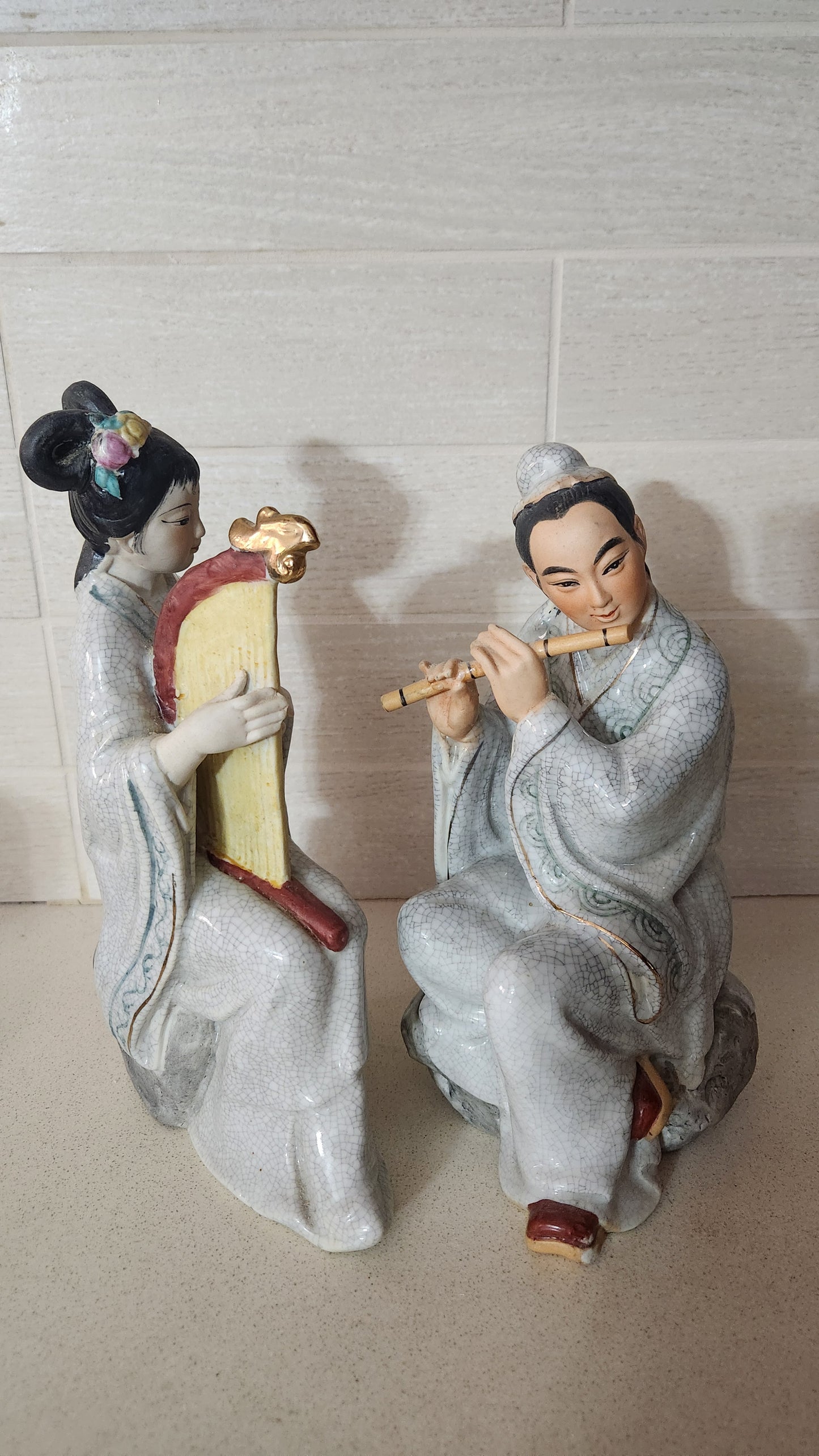 Vintage Chinese Crackle Glaze Porcelain Figurines - Musical Couple, 24cm