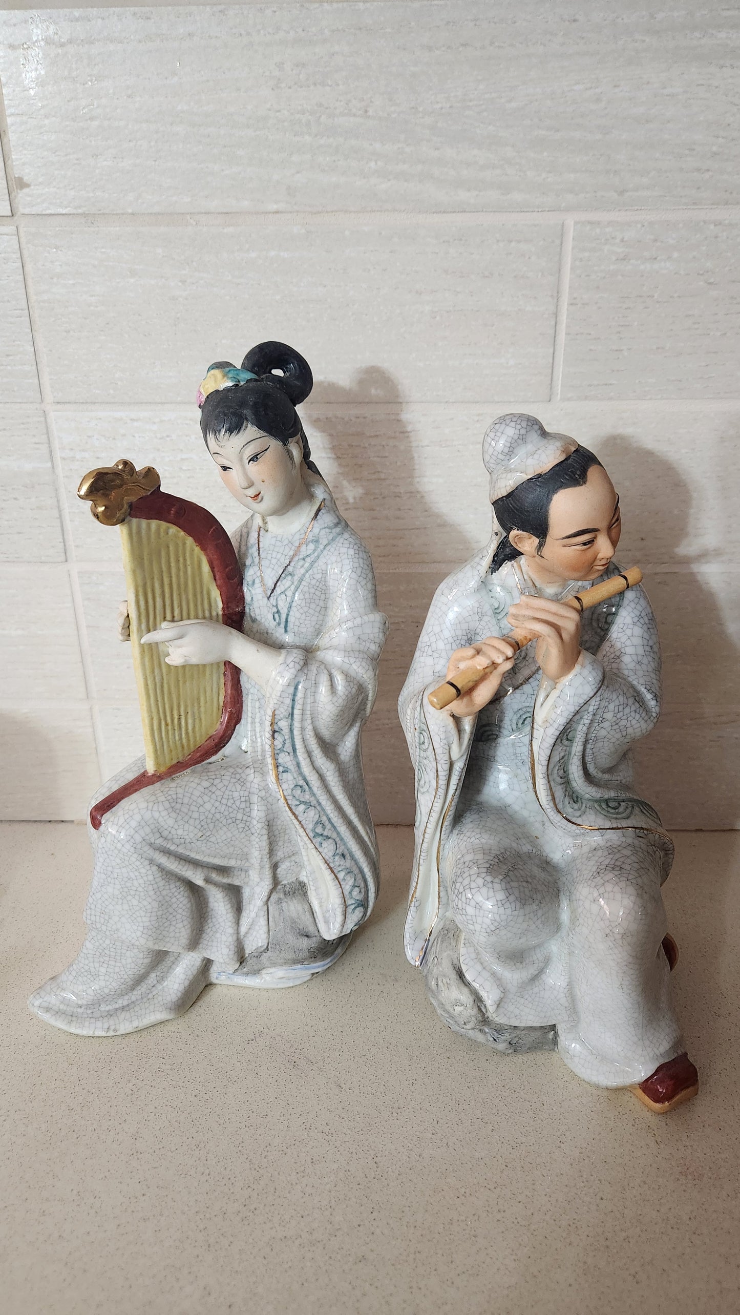 Vintage Chinese Crackle Glaze Porcelain Figurines - Musical Couple, 24cm