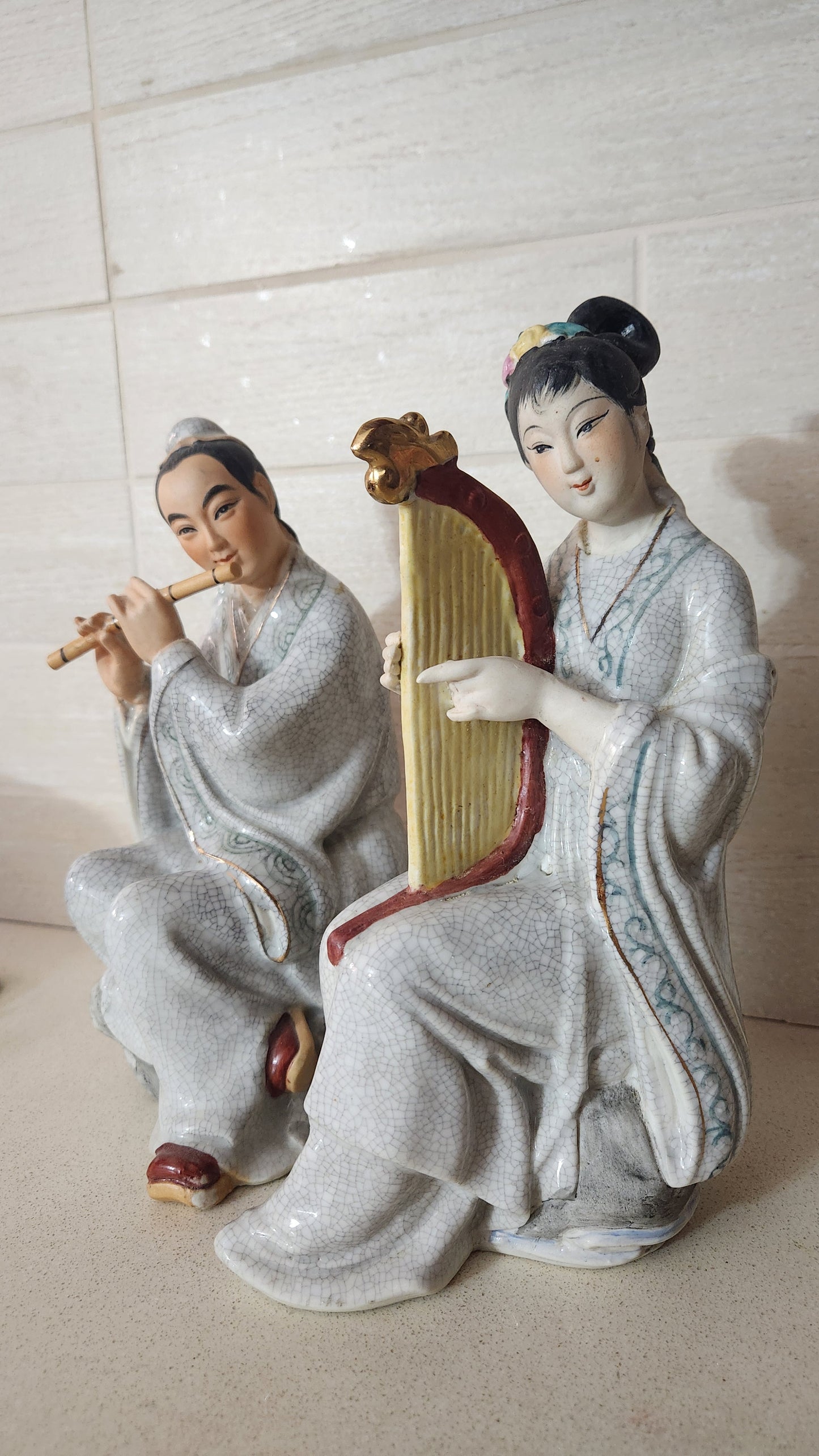 Vintage Chinese Crackle Glaze Porcelain Figurines - Musical Couple, 24cm
