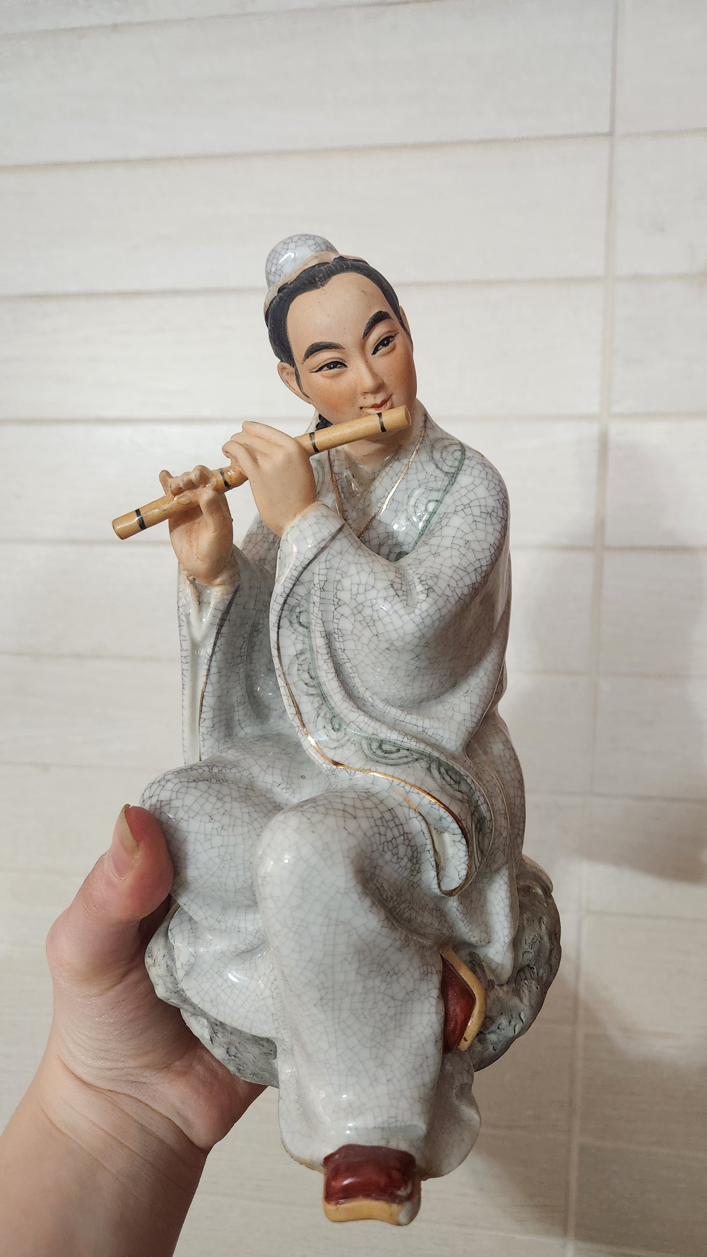Vintage Chinese Crackle Glaze Porcelain Figurines - Musical Couple, 24cm