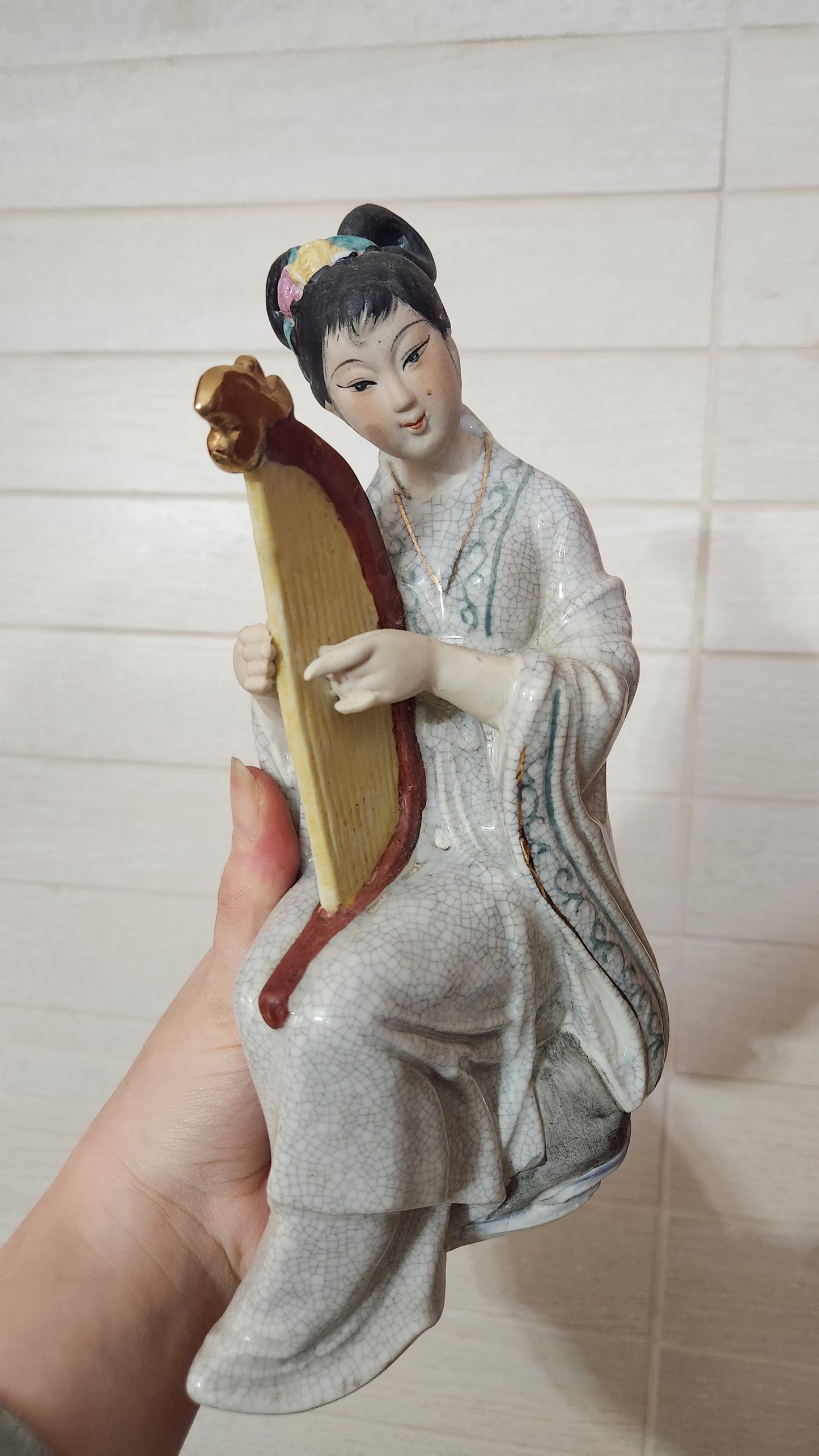 Vintage Chinese Crackle Glaze Porcelain Figurines - Musical Couple, 24cm