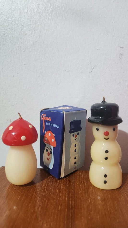 Vintage Gies West Germany Christmas Candle Set - Snowman & Mushroom