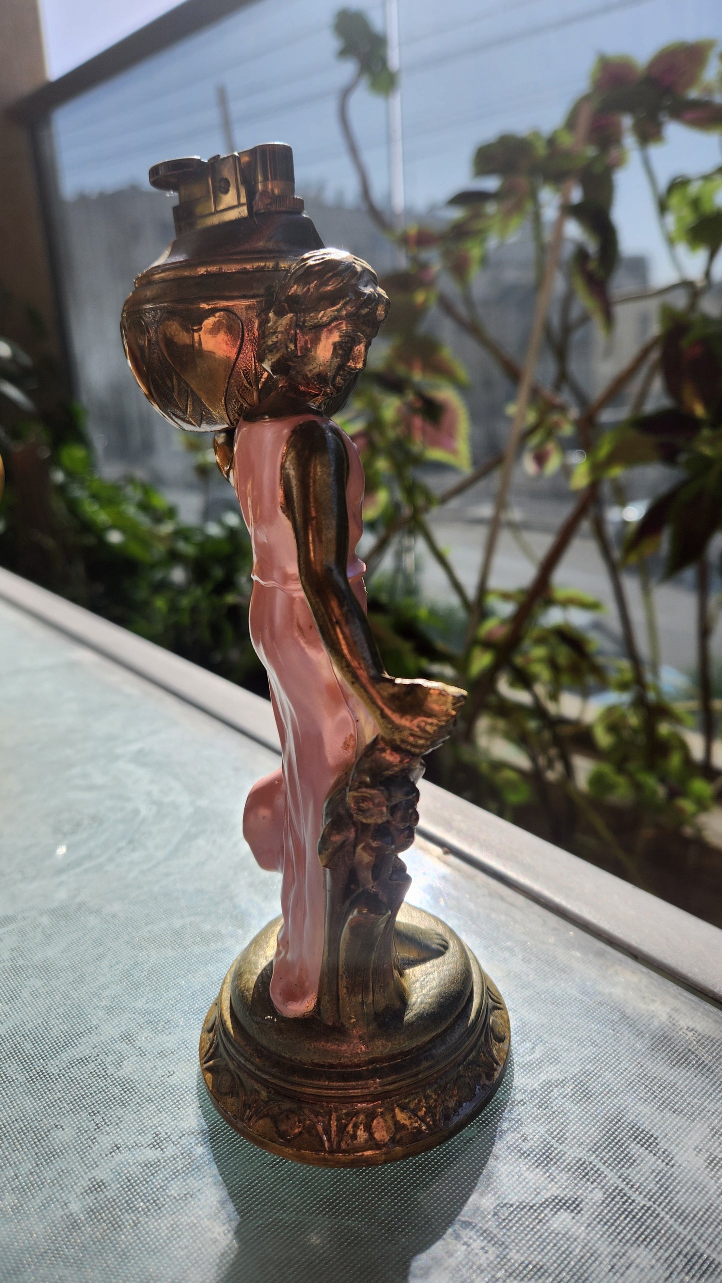 80s Goddess Table Lighter - Woman with Pitcher - Pink & Gold Figural Statue