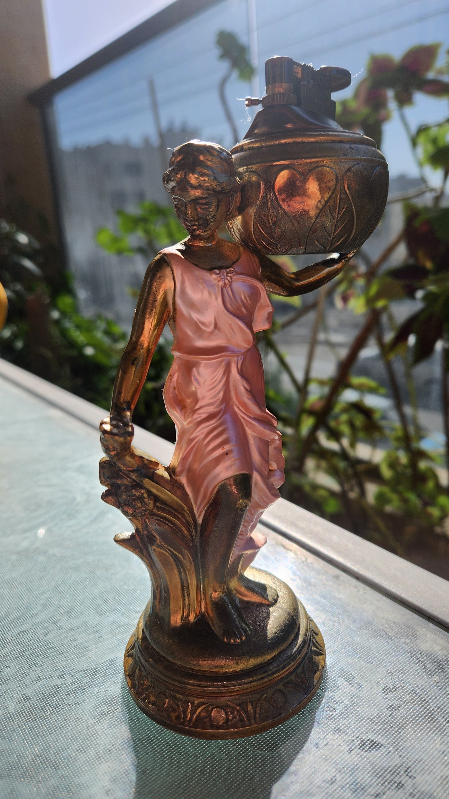 80s Goddess Table Lighter - Woman with Pitcher - Pink & Gold Figural Statue