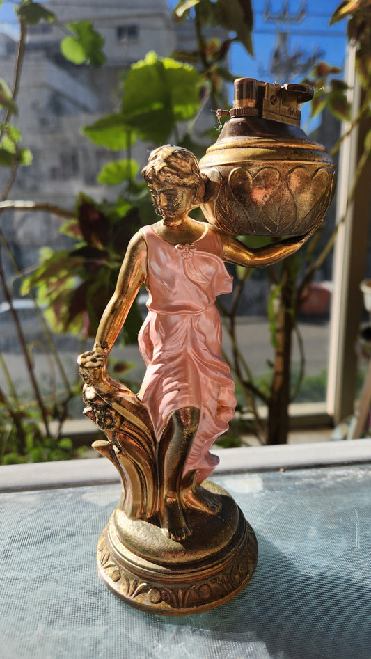80s Goddess Table Lighter - Woman with Pitcher - Pink & Gold Figural Statue