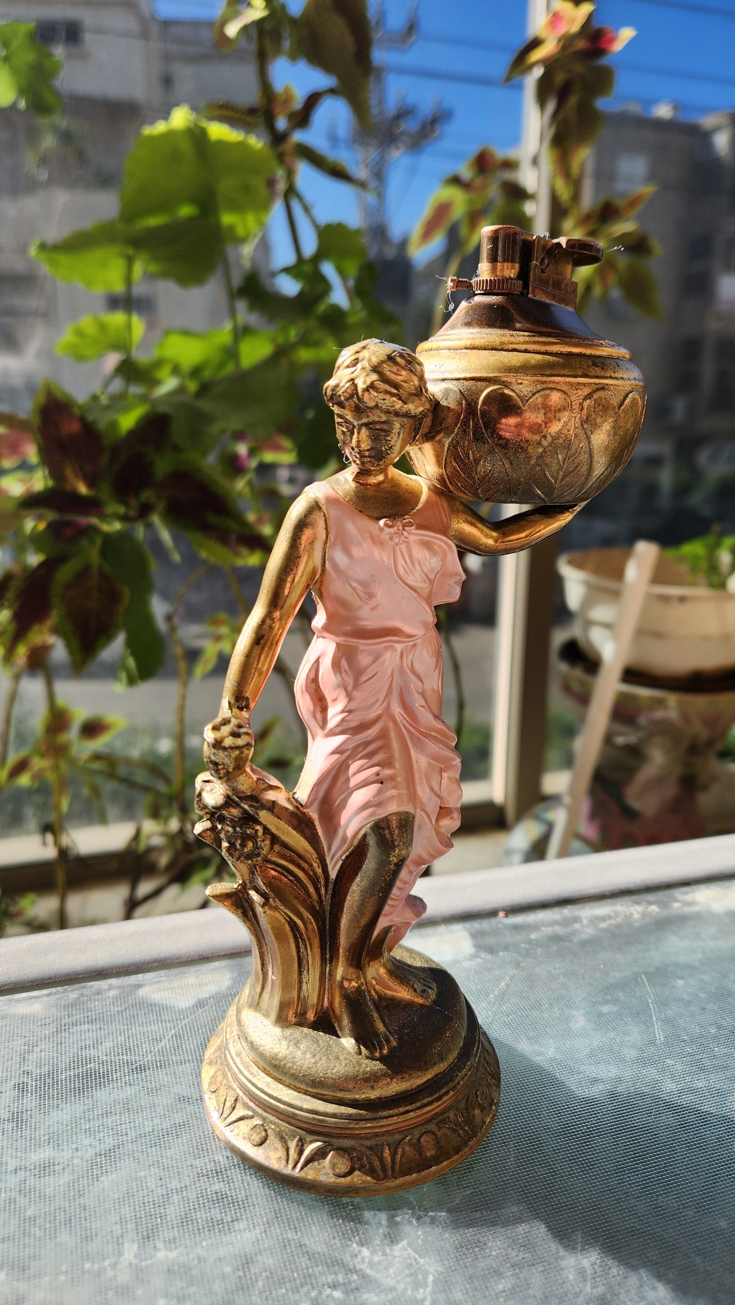 80s Goddess Table Lighter - Woman with Pitcher - Pink & Gold Figural Statue