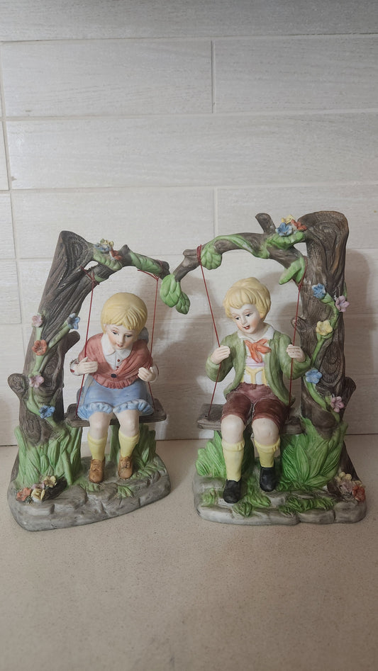 Porcelain Bisque Figurines - Boy and Girl on Swings Set (24cm)
