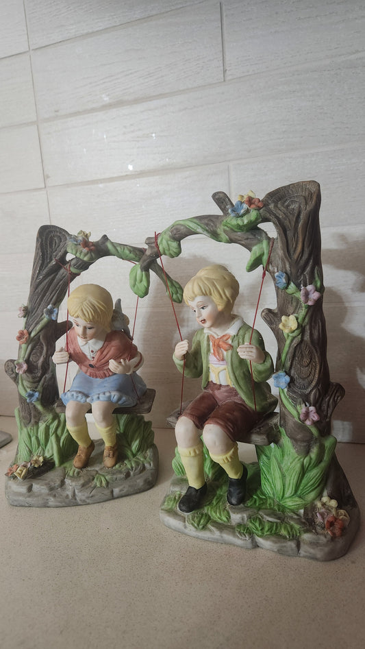 Porcelain Bisque Figurines - Boy and Girl on Swings Set (24cm)