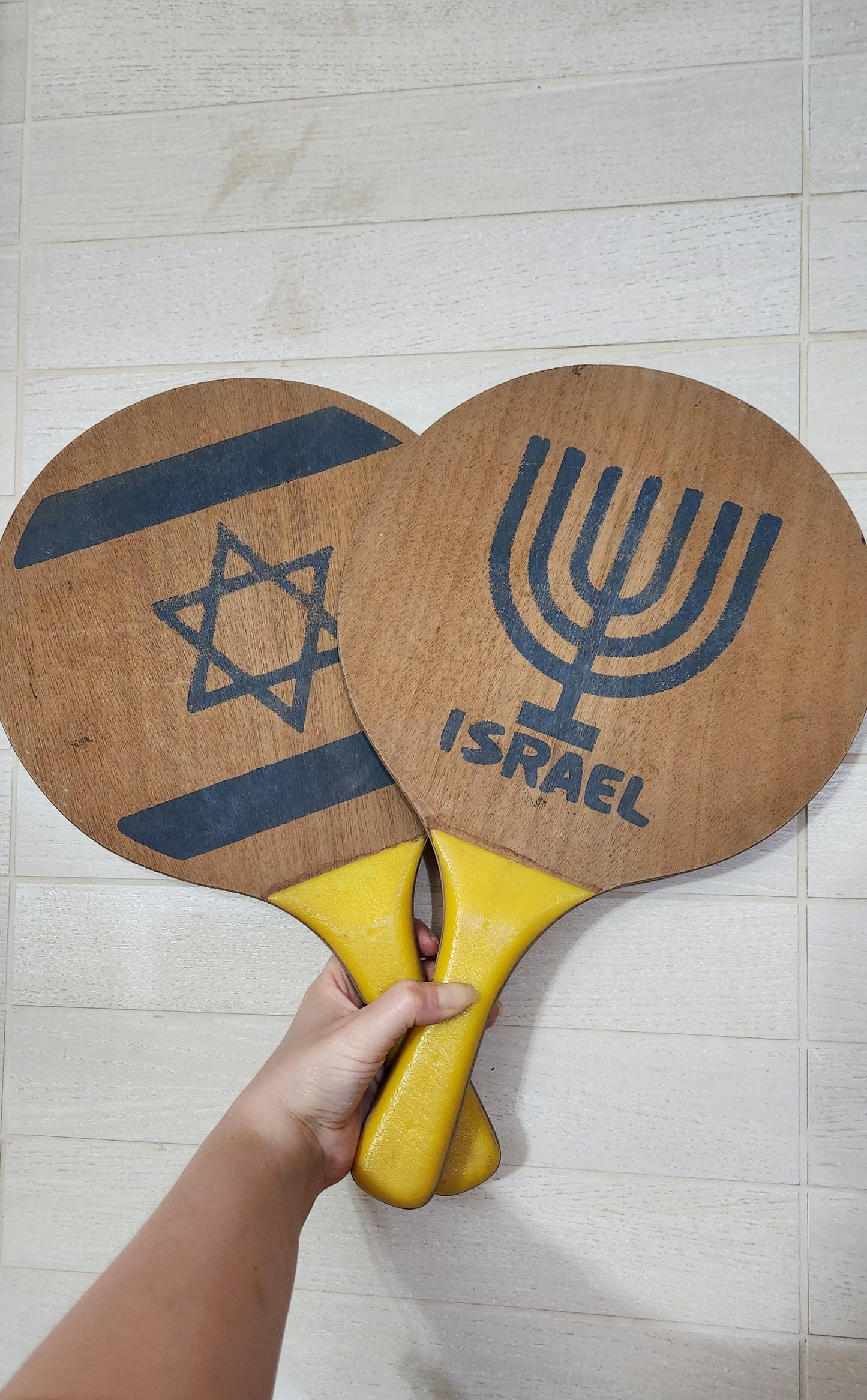 Israeli Wooden Matkot Beach Paddle Set (Menorah & Star of David)