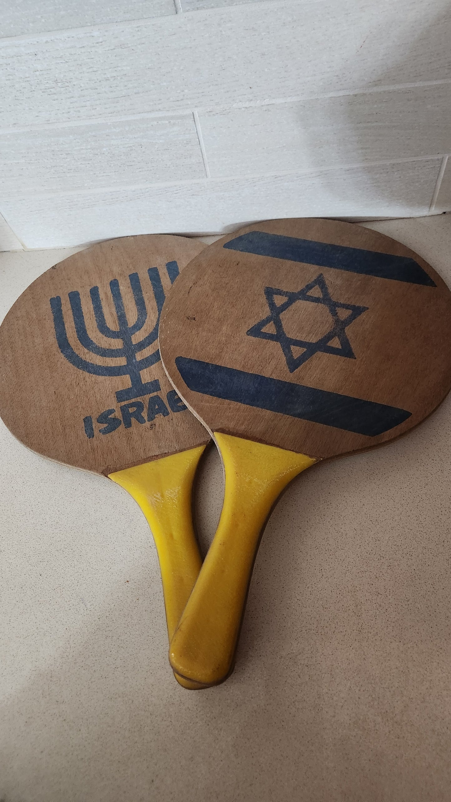 Israeli Wooden Matkot Beach Paddle Set (Menorah & Star of David)