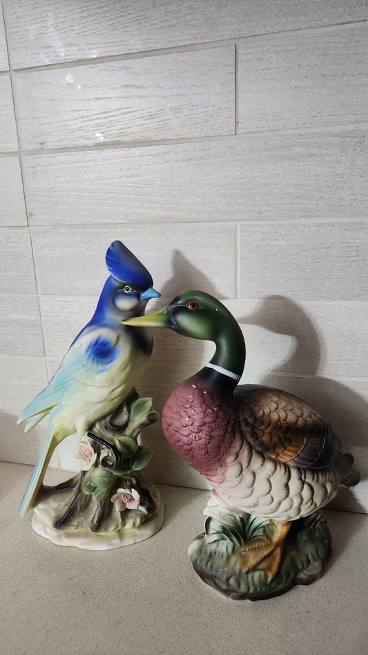 2 Vintage Porcelain Bird Figurines - Wales Blue Jay & Norleans Mallard