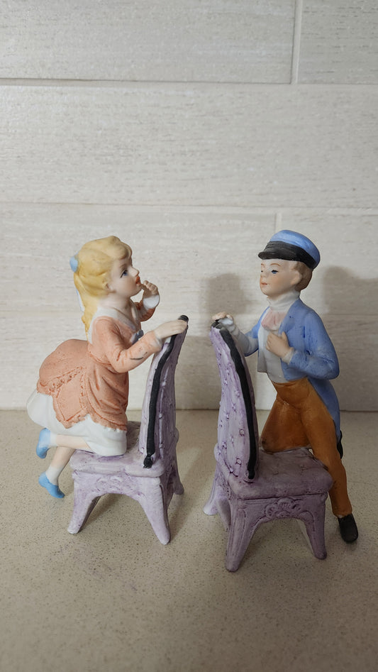 Hand-Painted Bisque Porcelain Figurines - Boy and Girl on Victorian Chairs (13 cm)