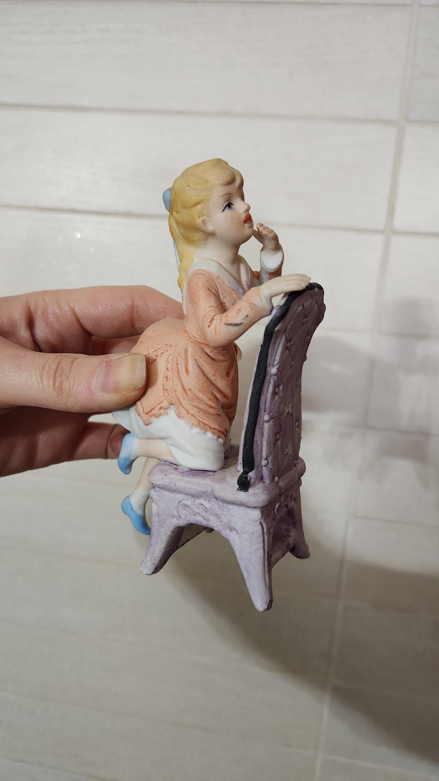 Hand-Painted Bisque Porcelain Figurines - Boy and Girl on Victorian Chairs (13 cm)