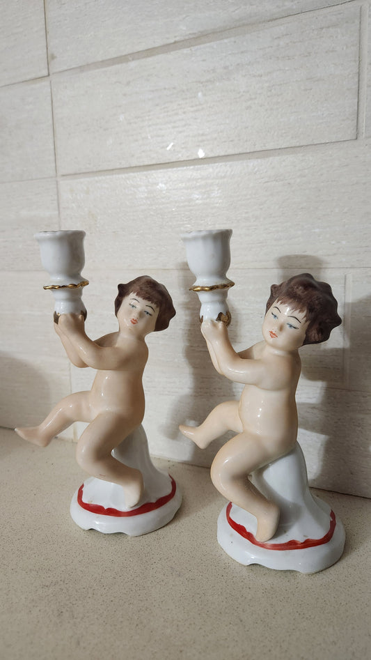 ARPO Romania Porcelain Cherub Figurine Candlestick Holders