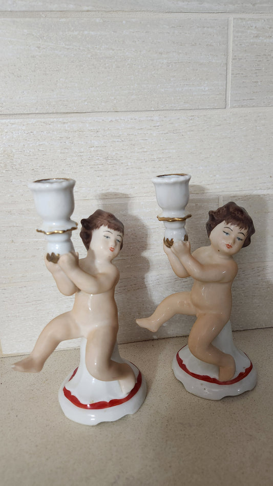 ARPO Romania Porcelain Cherub Figurine Candlestick Holders