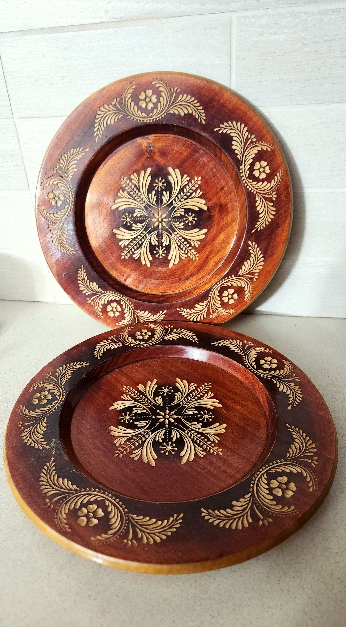 Mid-Century Soviet Hand-Carved Wooden Decorative Wall Plates - Slavic Folk Art