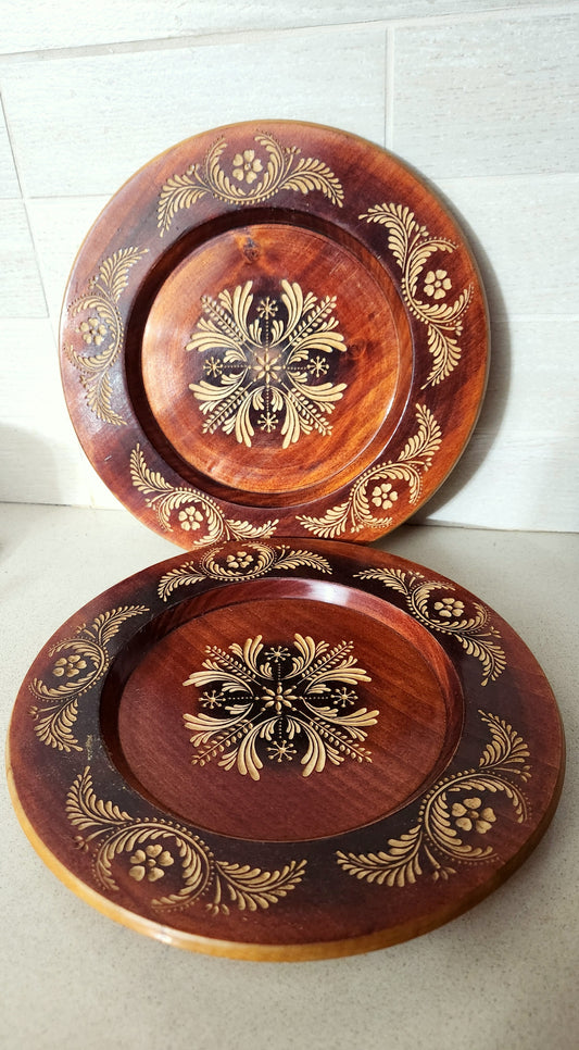 Mid-Century Soviet Hand-Carved Wooden Decorative Wall Plates - Slavic Folk Art