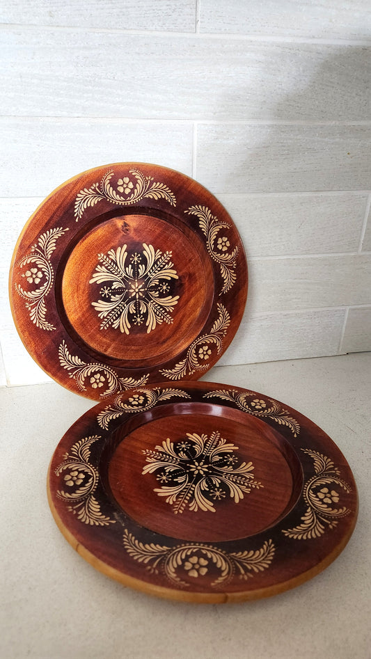 Mid-Century Soviet Hand-Carved Wooden Decorative Wall Plates - Slavic Folk Art