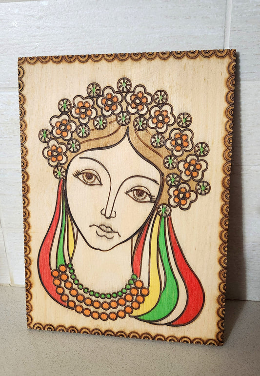 70s Hand-Burned Wood Portrait - Colorful Folk Art