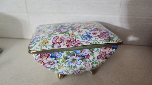 Floral Chintz Porcelain Footed Trinket Box with Gold Trim