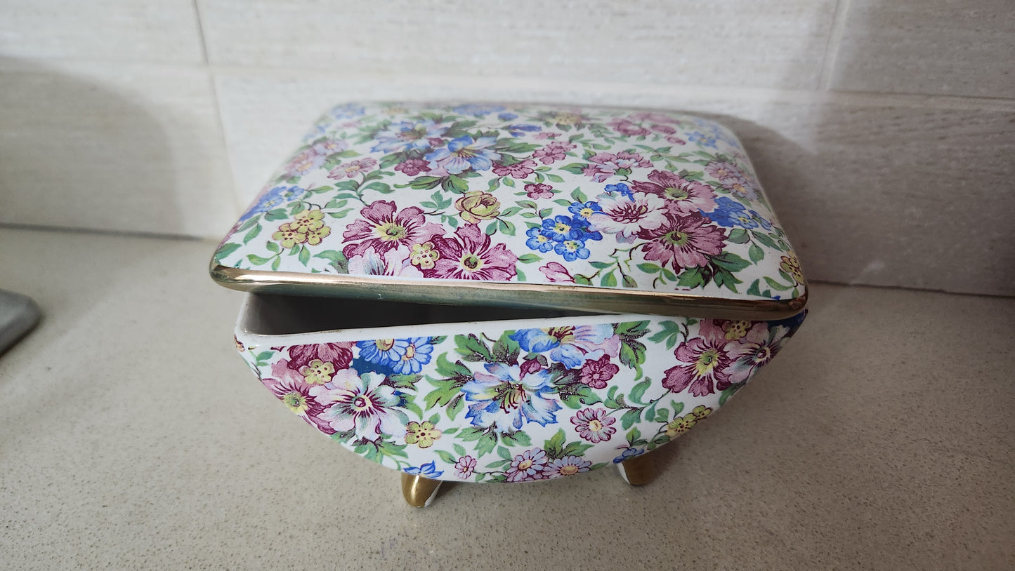 Floral Chintz Porcelain Footed Trinket Box with Gold Trim