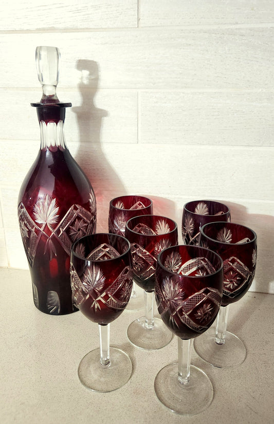 Bohemian Ruby Red Cut-to-Clear Crystal Decanter & 6 Wine Goblets Set